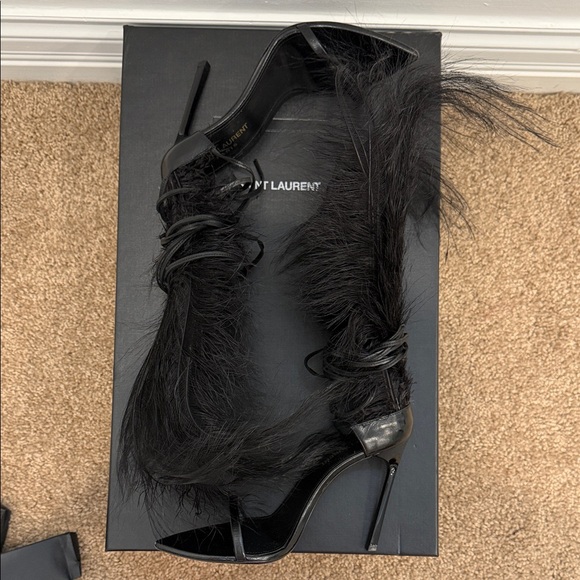 Saint Laurent Feather Lace-Up Heeled Sandals Black Leather Runway Statement 37 - Picture 9 of 16